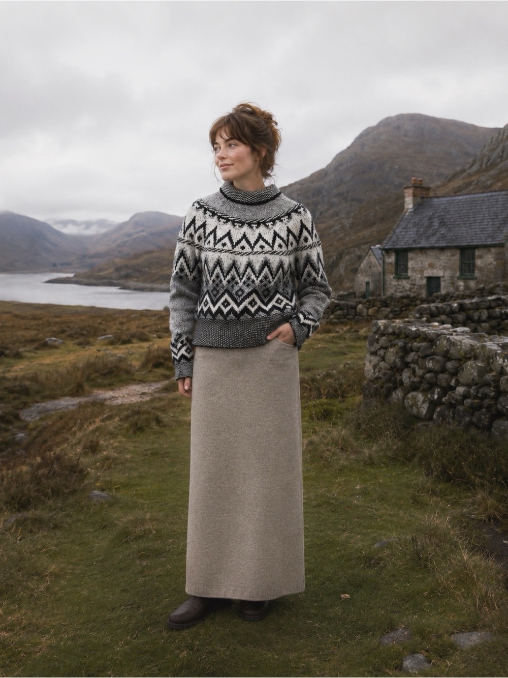 Woman Geometric Chunky Crewneck Fair Isle Fisherman Sweater SMALL Cozy Coastal